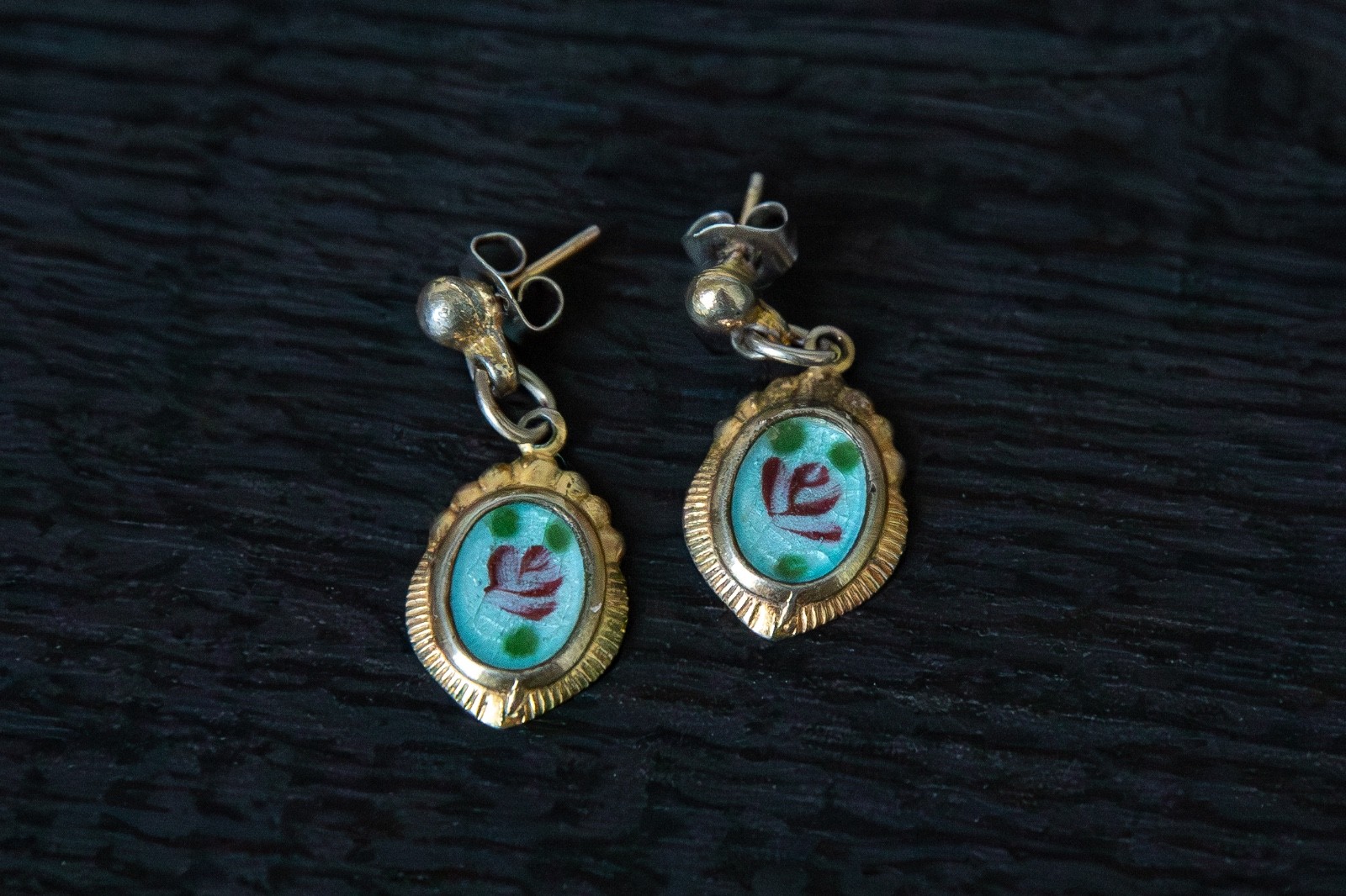 Vintage Art Deco Style Sky Blue Guilloche Enameled Floral Motif Dangle Earrings