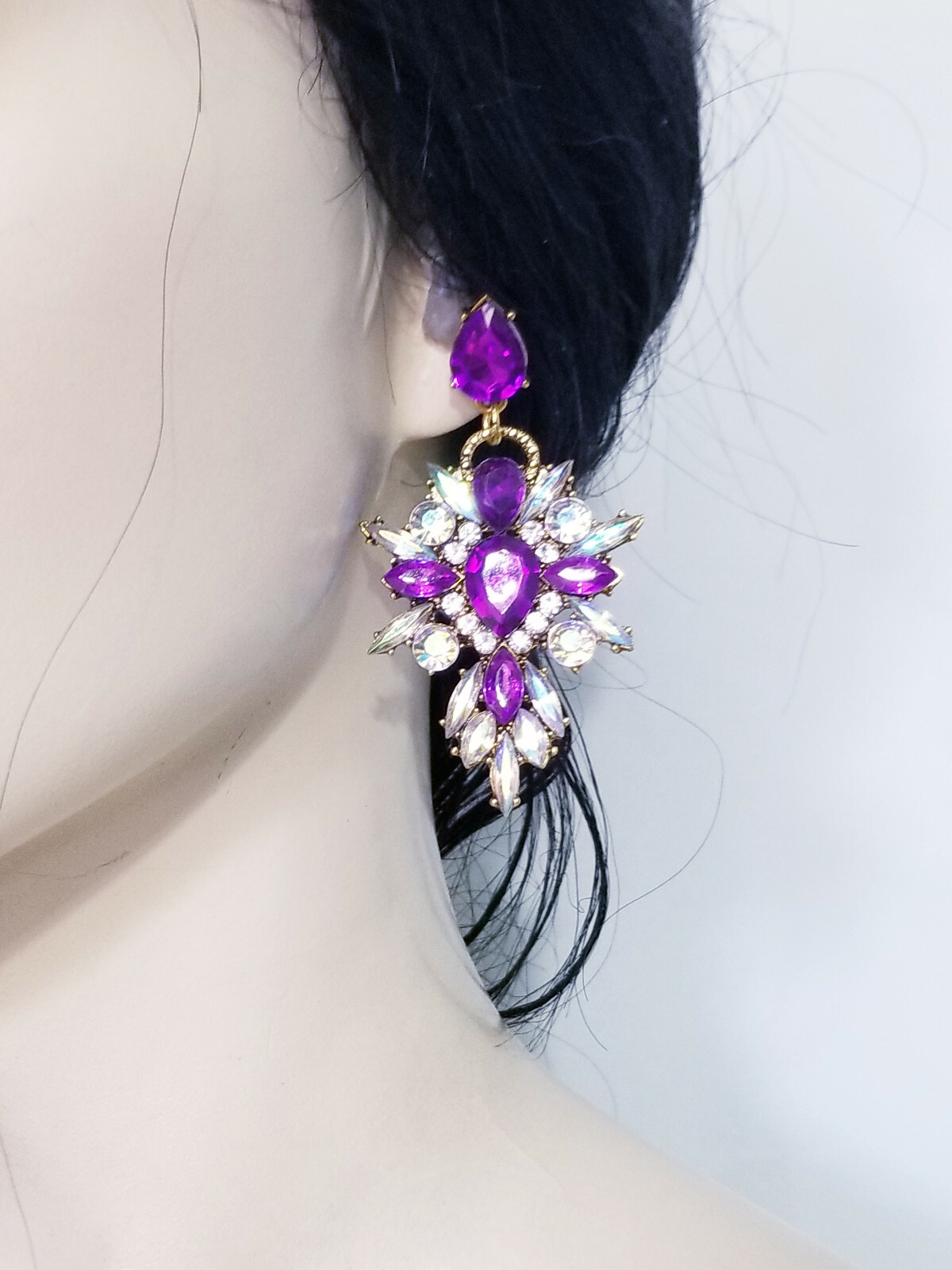 Chandelier Earrings Purple Rhinestone Crystal 2.8 in
