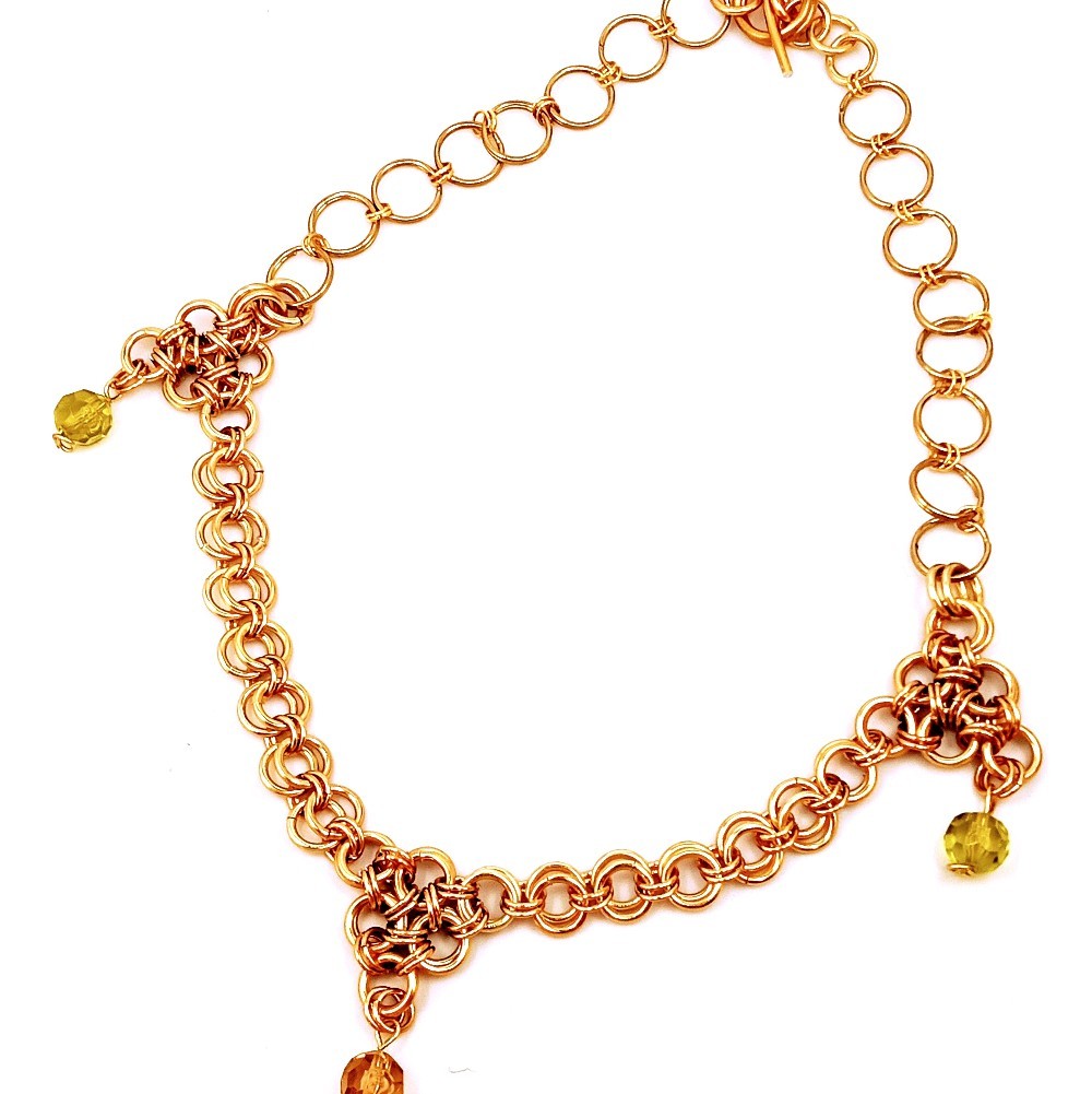 Golden Minimalist Chainmail Weave Necklace with Hazel Czech Crystal Pendants
