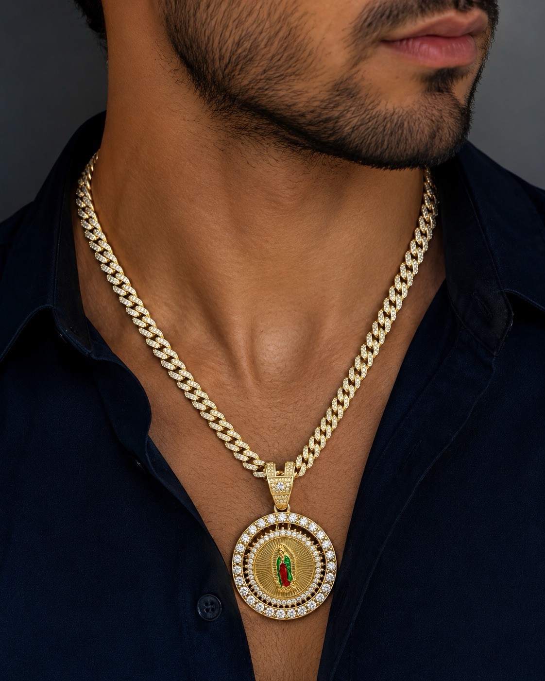 Gold plated Cuban Link Chain Necklace w/ Round spinning CoinPendant Religious