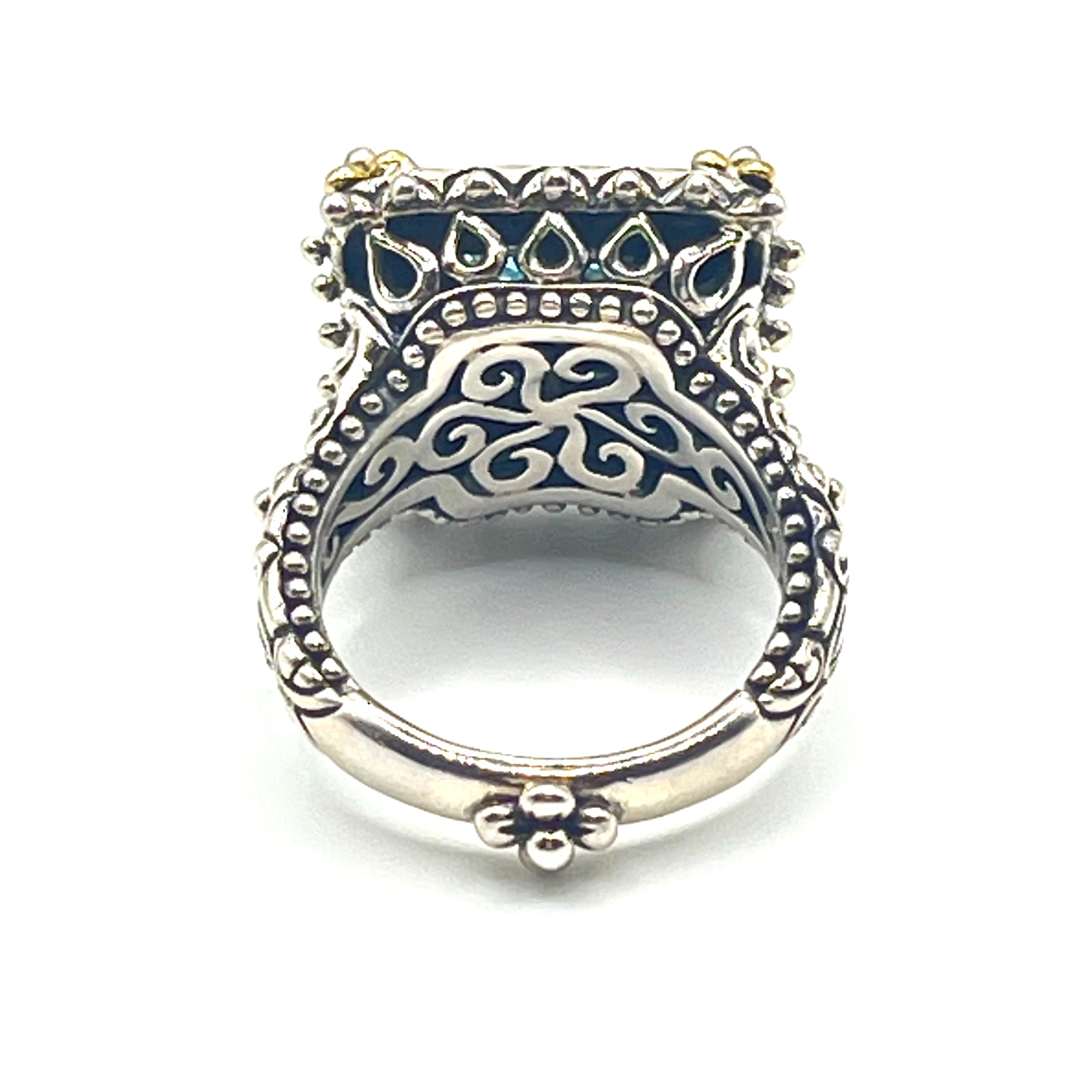 Barbara Bixby Size 8 Carved MOP & Blue Topaz Lotus Square Sterling 925 & 18k