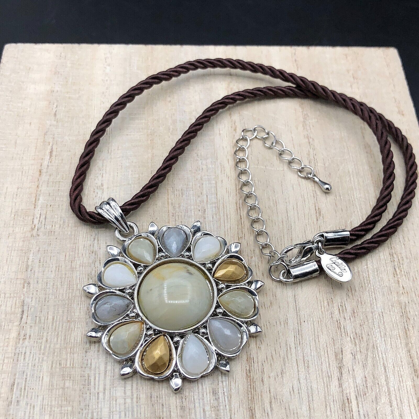 Cookie Lee Necklace Neutral Glass Stones Flower Pendant Brown Satin Cable Choker