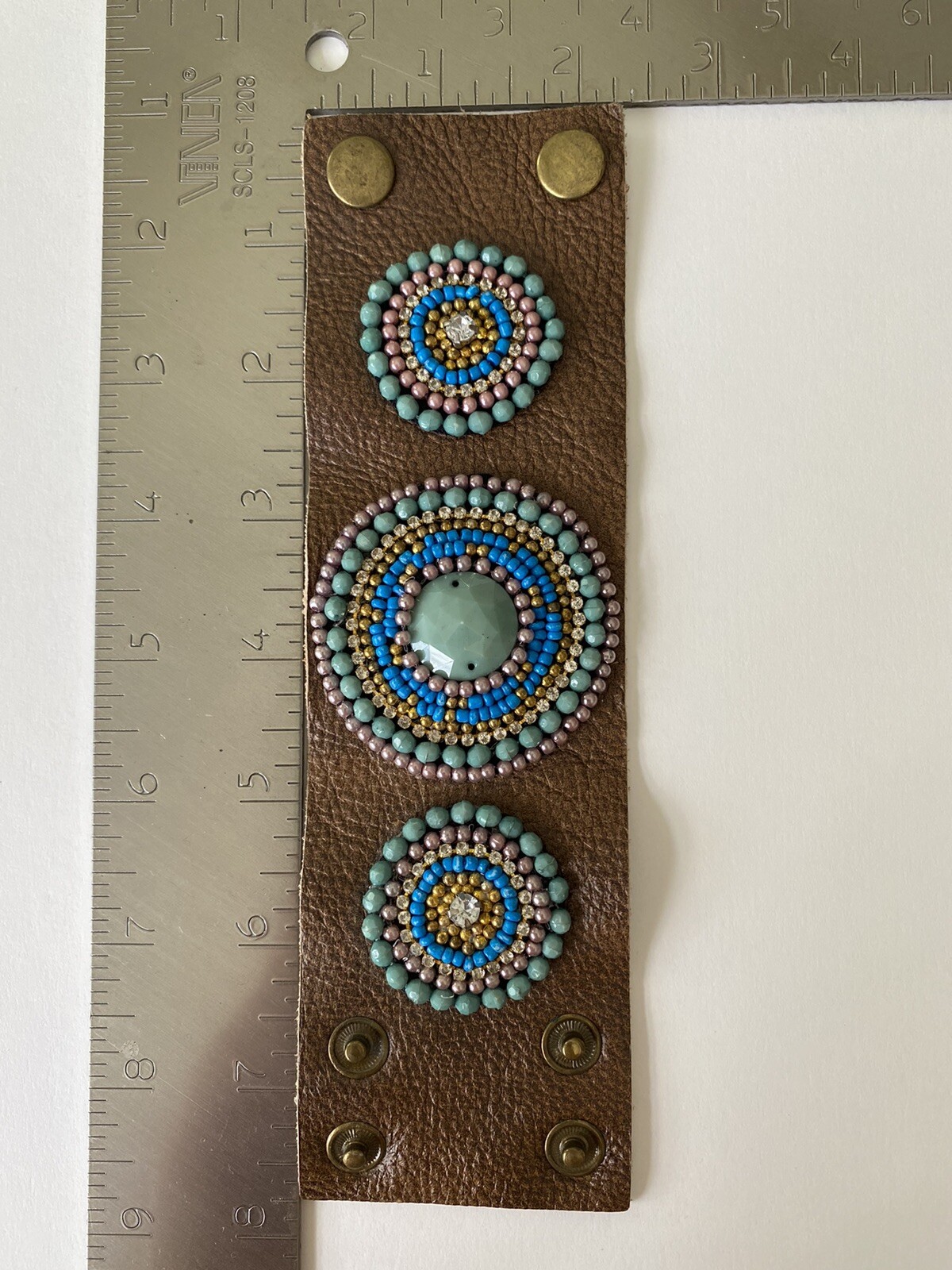 Handmade Faux Blue Green Gold Seed Stone Genuine Brown Leather Bracelet Sz S