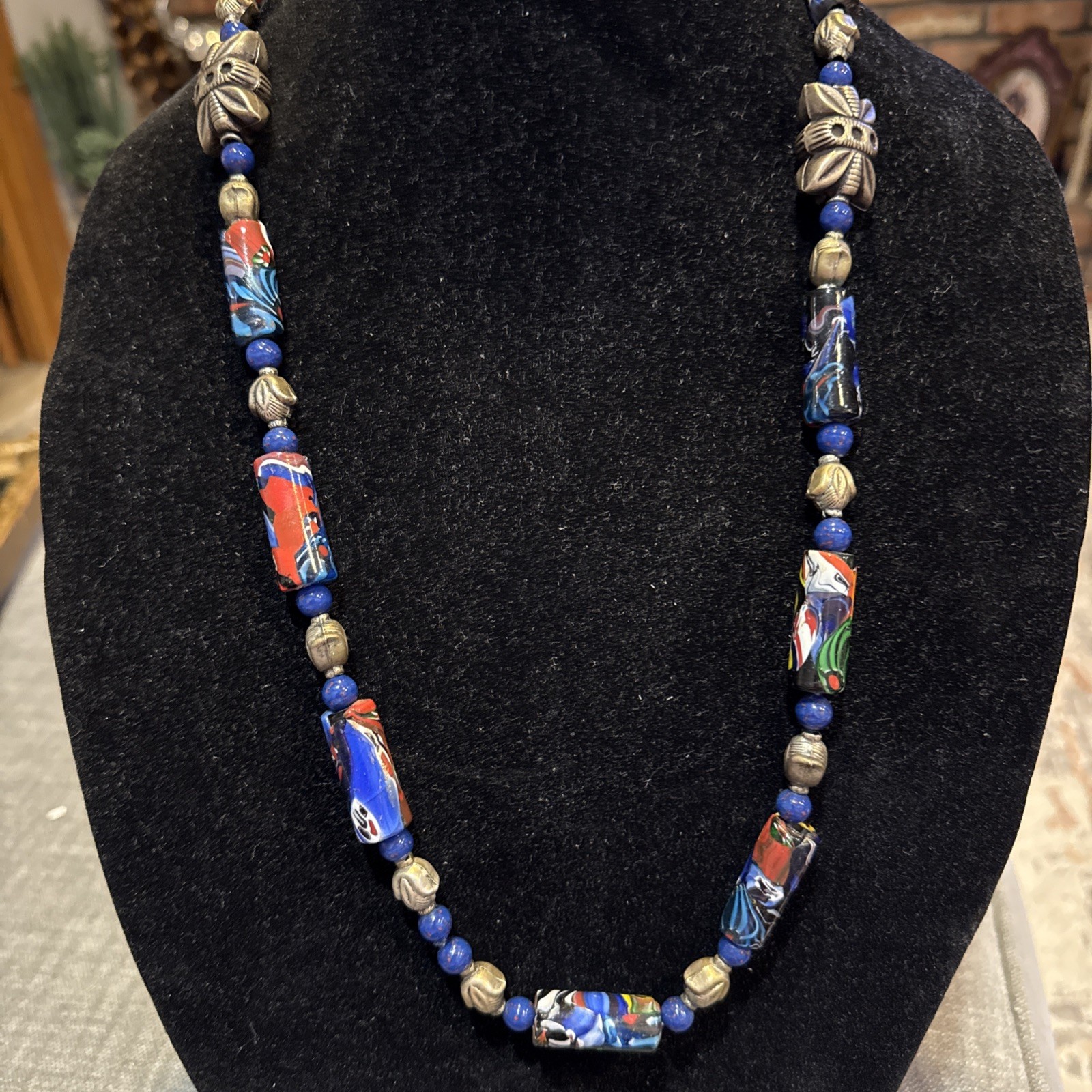 Vintage Venetian Glass Bead Necklace 15″ Long Beautiful Colorful, With Gold Meta