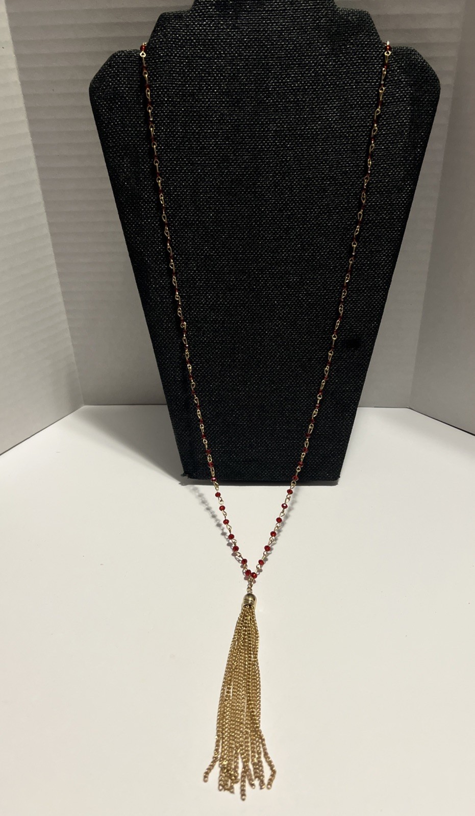 Tiny Red Acrylic Beaded Gold Tone Chain 3 Inch Gold Tone Tassel 32 To 36 Inch
