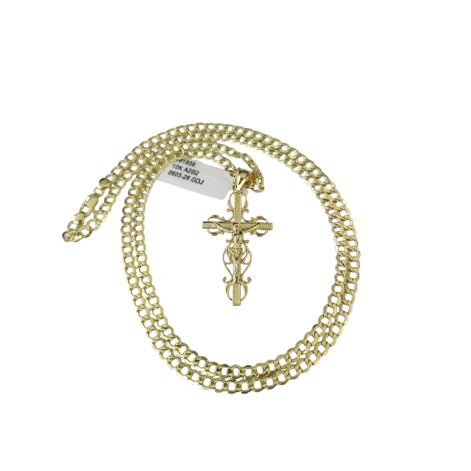 10K Gold Cuban Curb Link Chain Necklace Filigree Cross Pendant Set 3mm 18″–24″