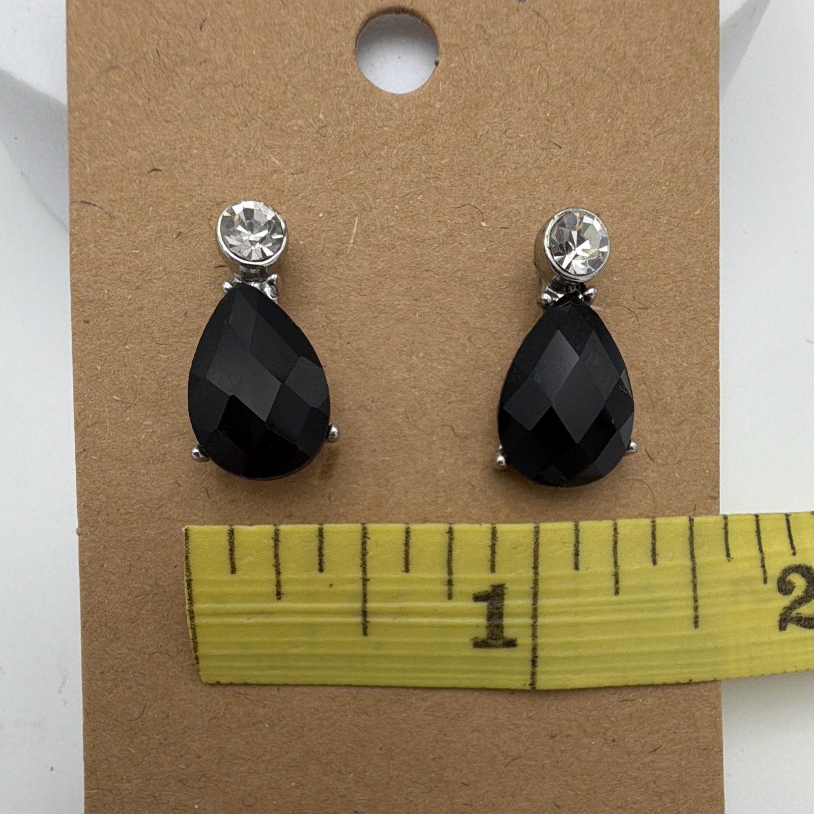 Silver Tone Black Teardrop Crystal Stud Drop Earrings Butterfly Closure .75”
