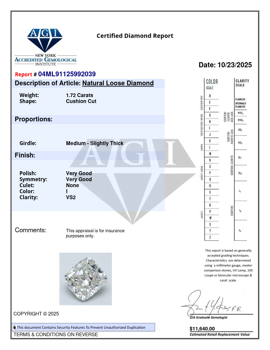 1.72 Carat Cert. AGI Cushion Cut Natural Mined Diamond Loose I color VS2 clarity