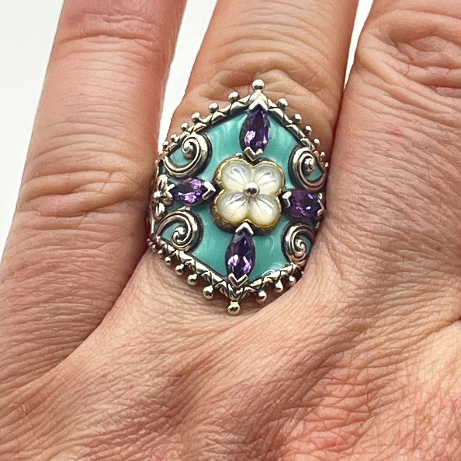 Barbara Bixby Ring Sz 8 Turquoise Amethyst MOP Lotus Sterling 925 and 18k Accent