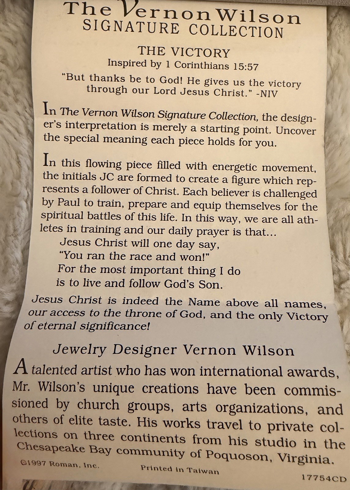 Vintage 1997 Vernon Wilson The Victory JC Christian Necklace Boxed Roman Inc