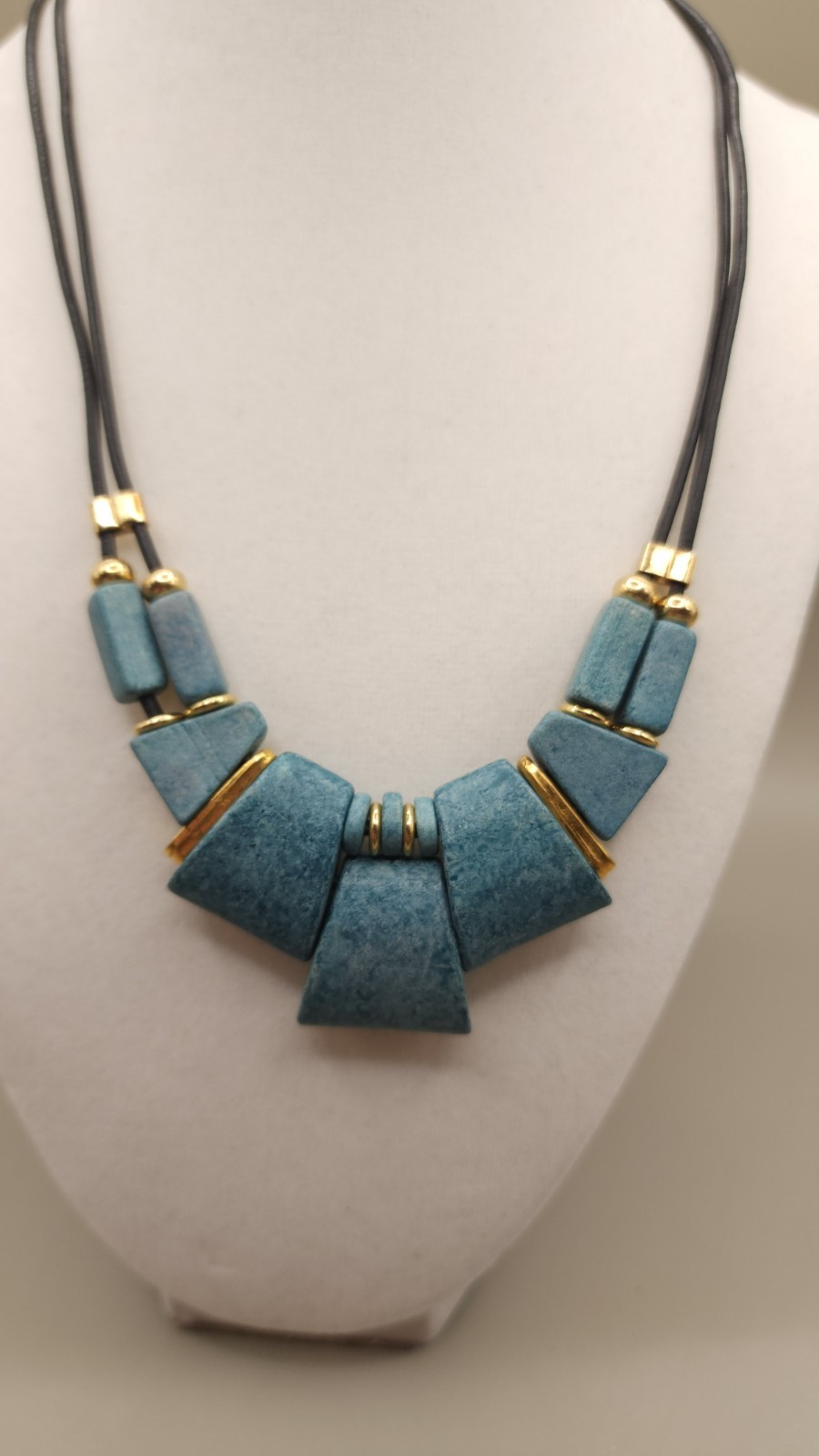 Vintage Modernist Teal Blue Bib Necklace 1980s Geometric Resin Brass Hook Clasp