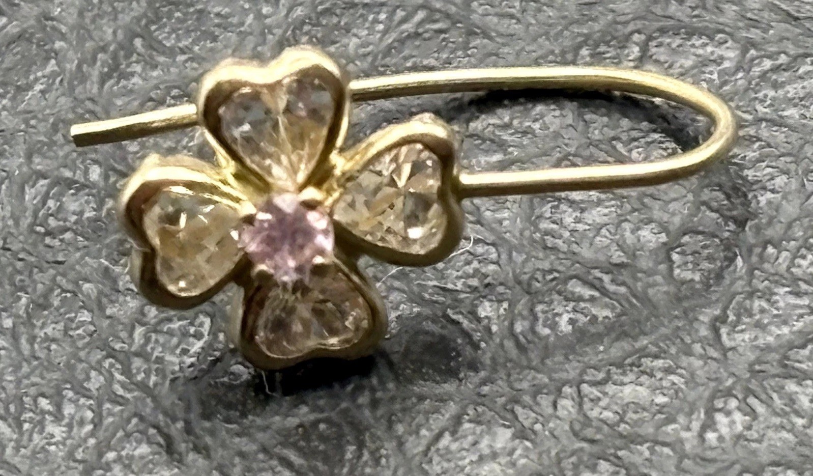 10K Solid Yellow Gold Pink & White CZ Four Leaf Clover *Single* Earring