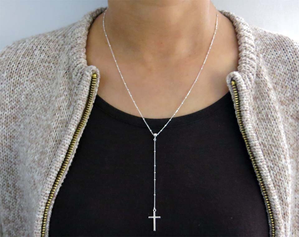 925 Sterling Silver Rosary Beaded Cross Necklace for Women, Girls – 3 colors