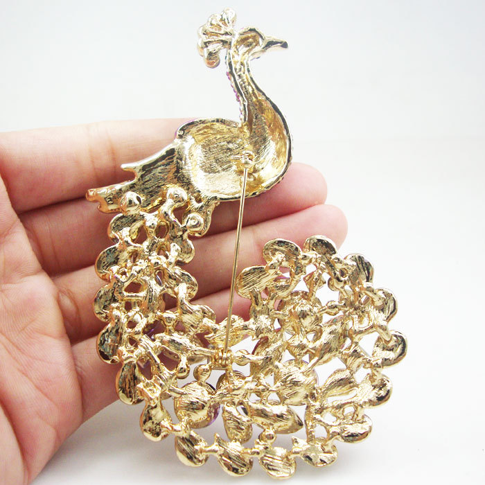 Classic Luxury Peacock Bird Gold Tone Brooch Pin Purple Rhinestone Crystal