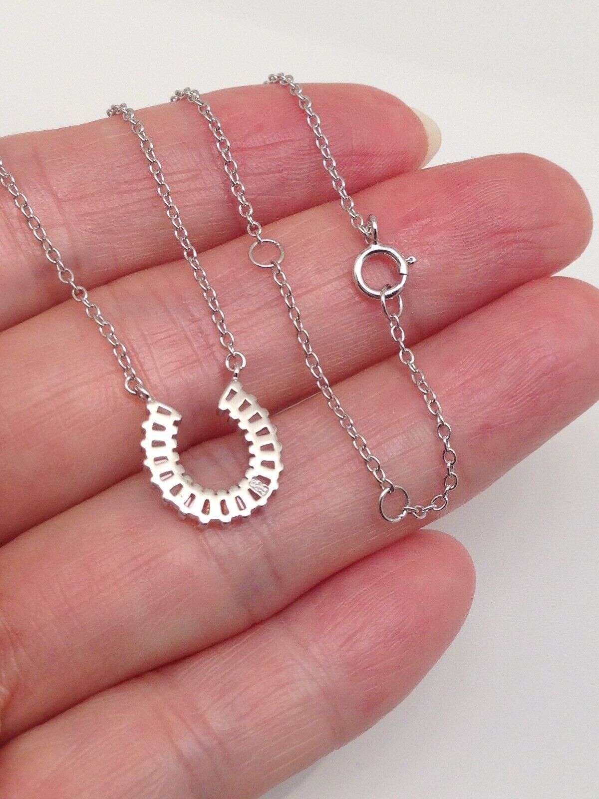925 Sterling Silver Baguette Cz Horseshoe Pendant Necklace Small 10.8mm 17.5″