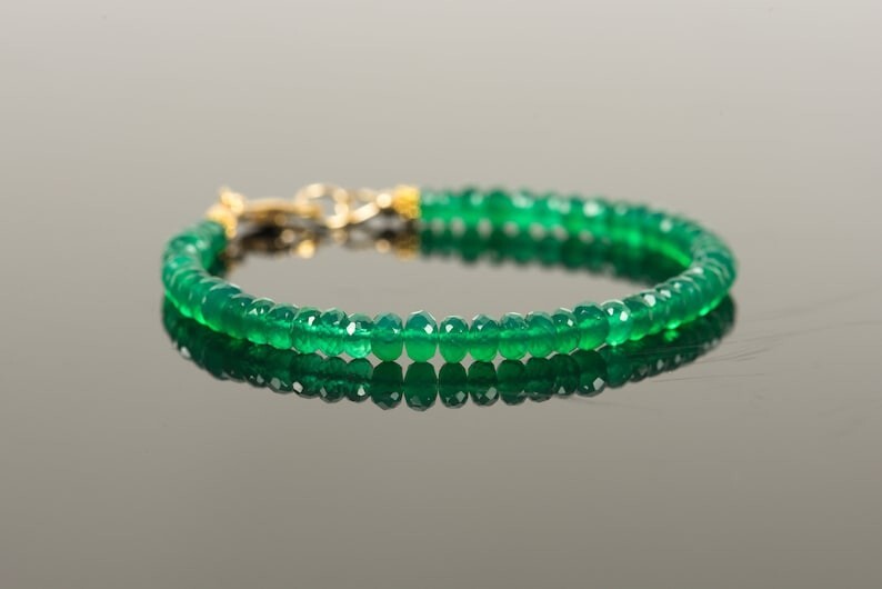 A++ Natural Green Onyx Faceted Rondelle Gemstone Beads Handmade Bracelets 6-8”