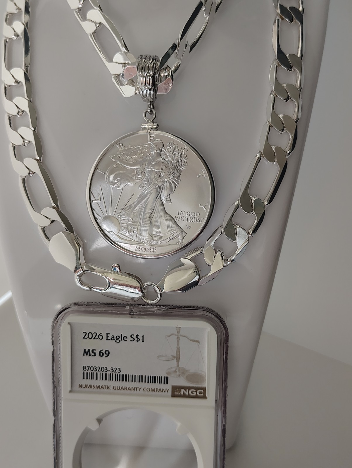 Silver Plated Necklace With Coin 2026 MS 69 Silver American Eagle 1 Oz (26″/12mm
