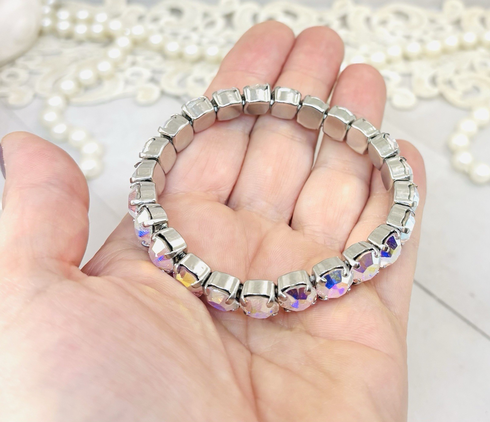 8mm Shiny Silver Plated Crystal AB Stretch Cup Chain Bracelet
