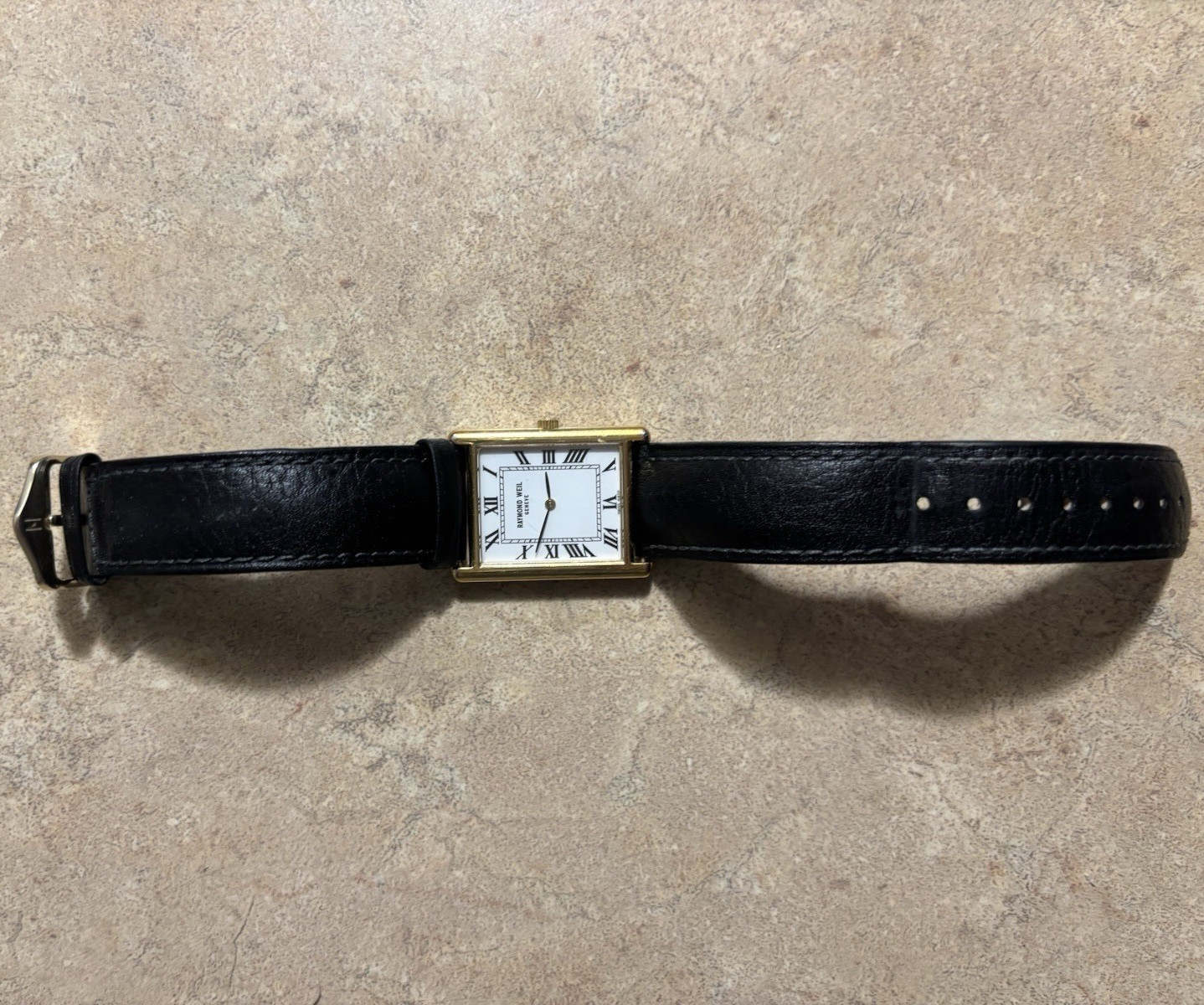 Raymond Weil Tradition Swiss Made Quartz Rectangle Gold Tone Black Leather Strap