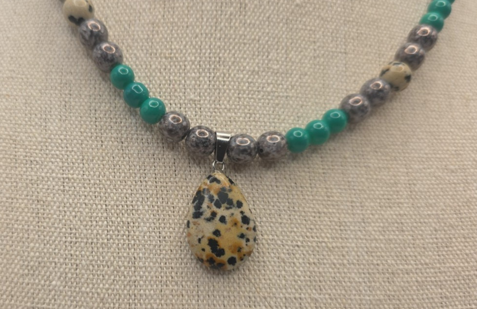 Beaded Necklace Green Silver and Tan with Pendant