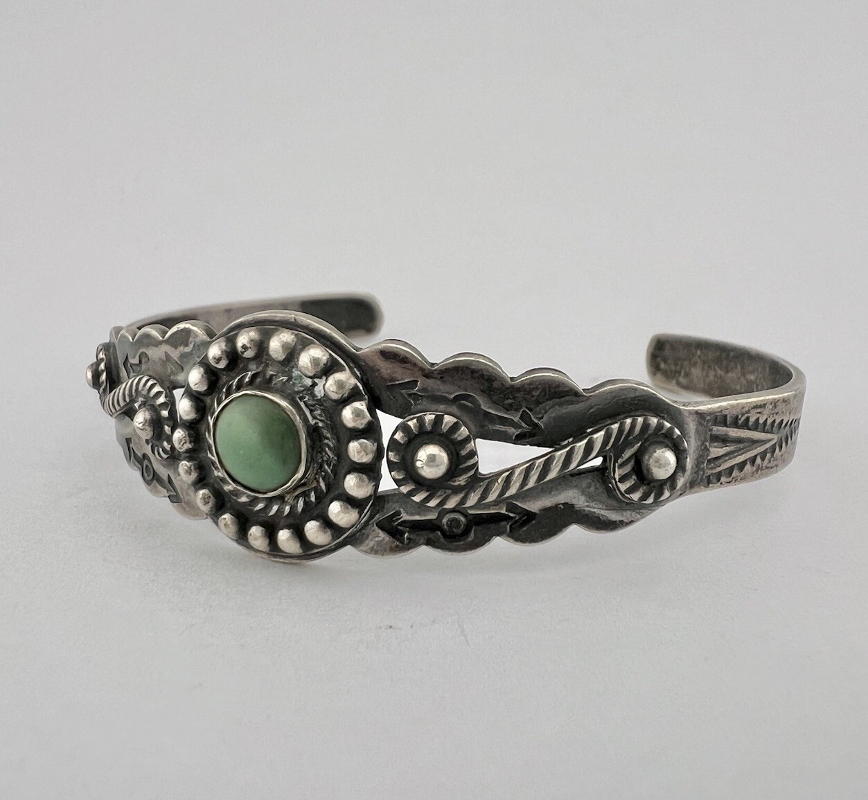 Fred Harvey Era Navajo Sterling Silver Cerrillos Turquoise Stamped Cuff Bracelet