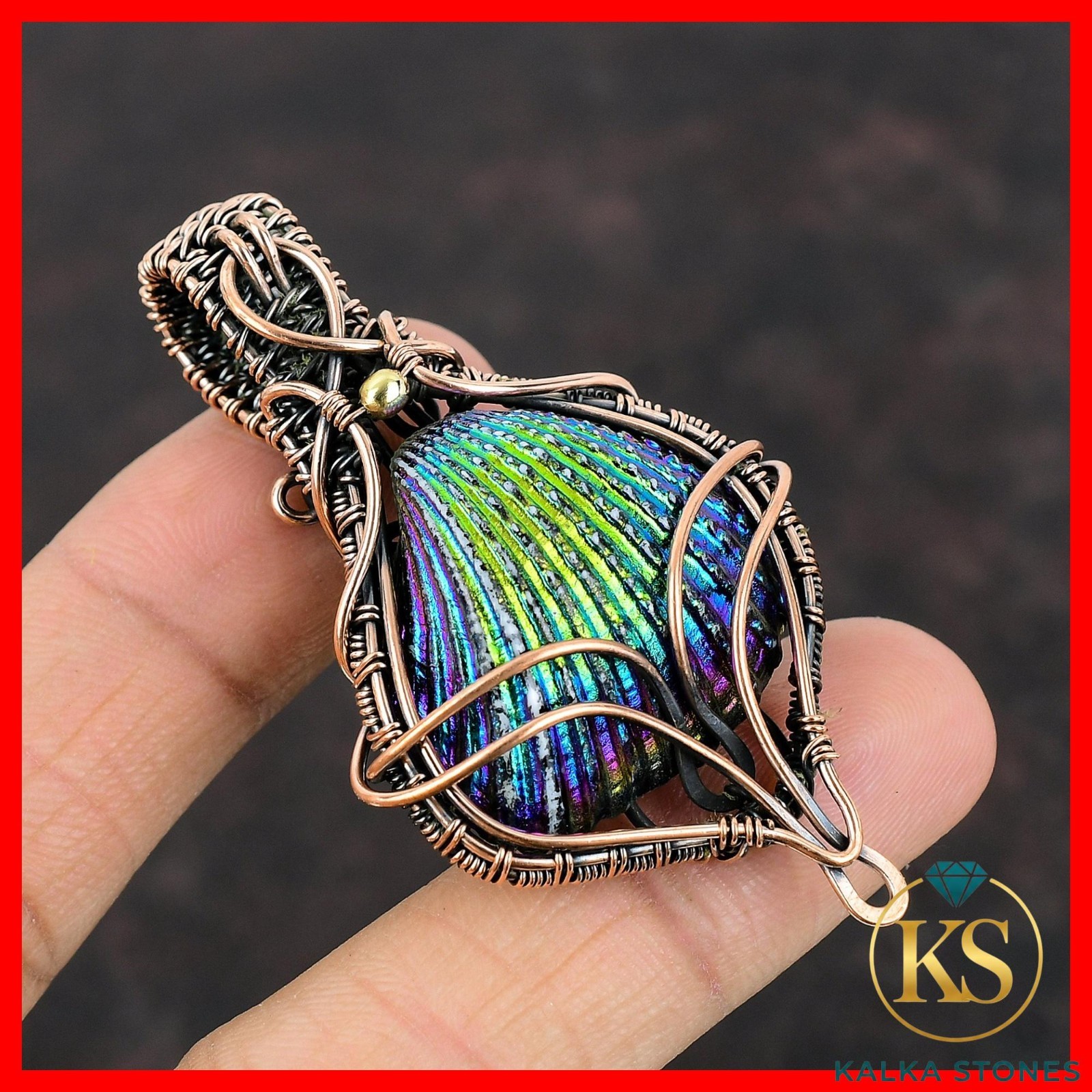 Copper Trillion Titanium Coated Shell Stone Mother Wire Wrapped Pendant Jewelry