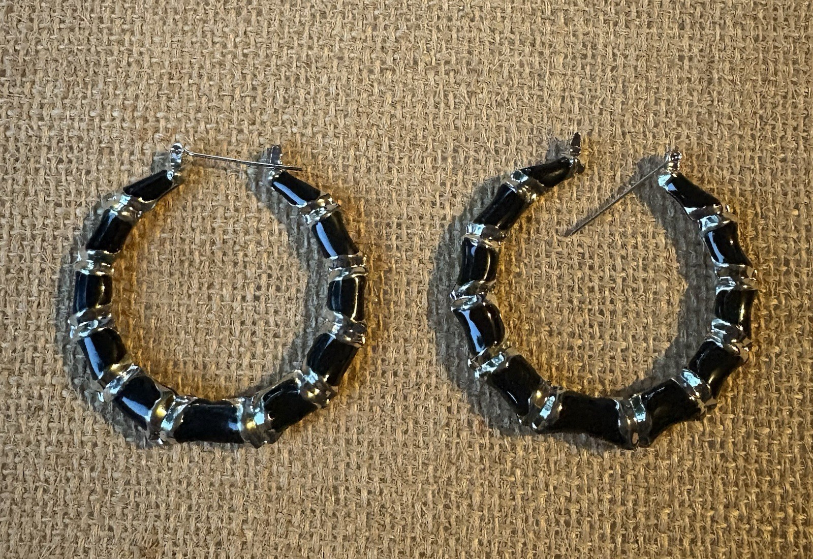 black and silver tone segmented round hoop post earrings for lobe no stone