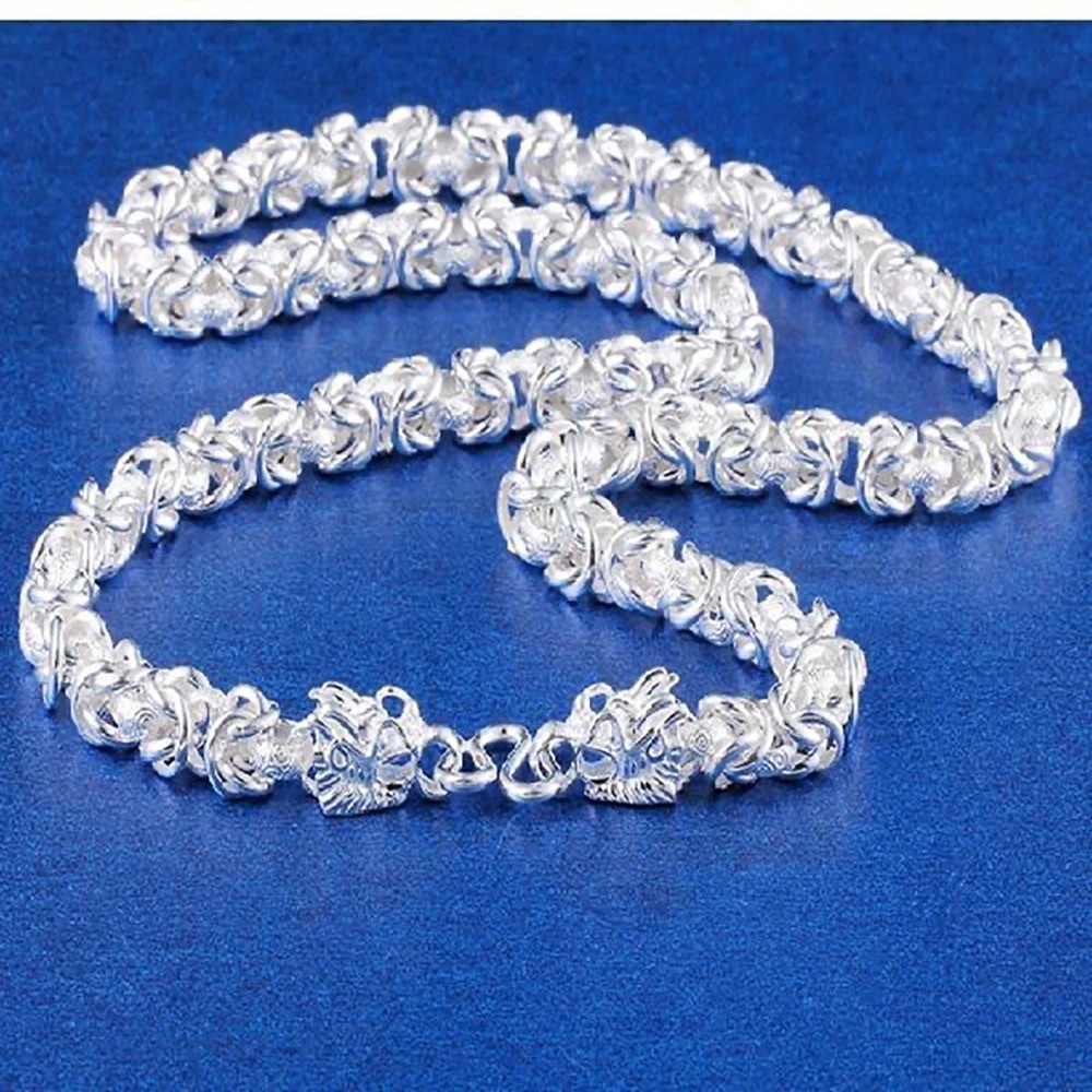 Men’s 925 Sterling Solid Silver Necklace Classic Round Faucet Dragon Jewelry