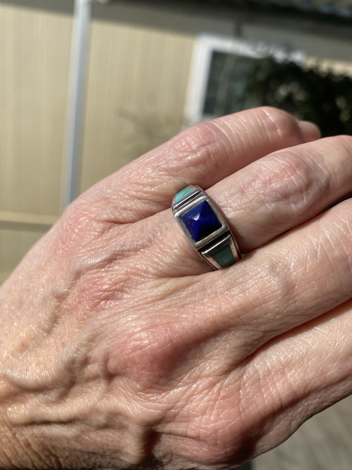 Sterling Silver Turquoise And Lapis Inlay Ring/Southwestern Navajo Style 5.7 gr