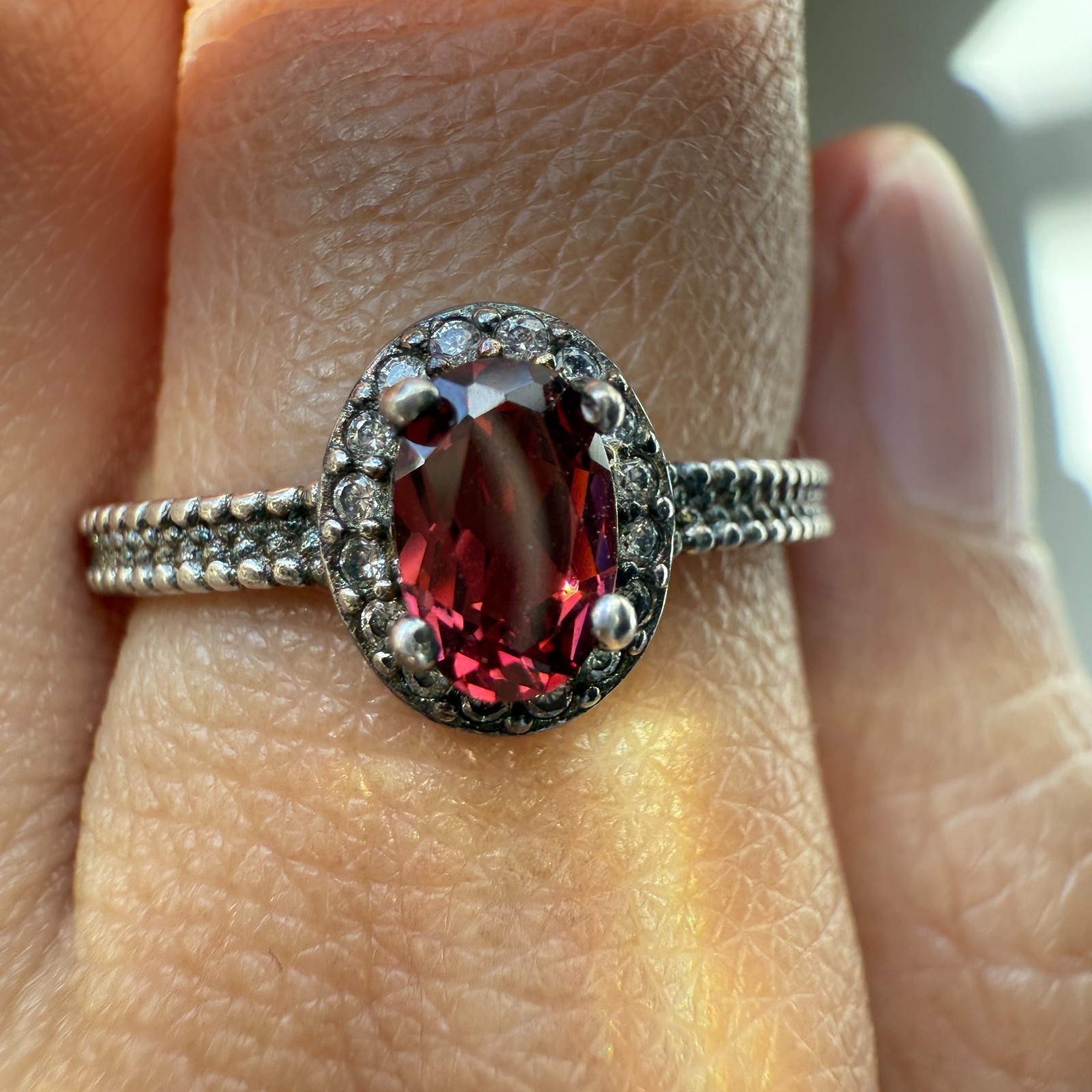 925 Sterling Silver Ring 6x4mm Natural Rhodolite Garnet Zircon Flower Red Gift