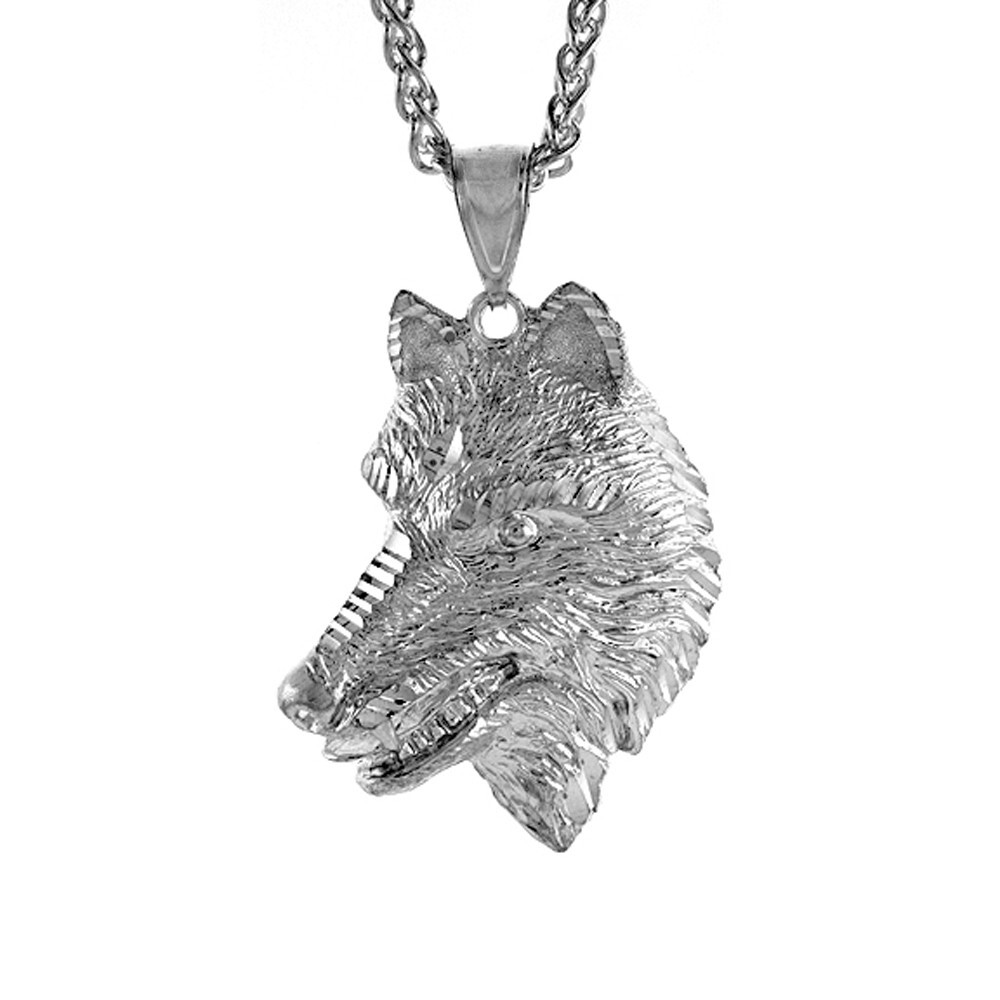 925 Sterling Silver Large Wolf Head Pendant Diamond Cut 1 3/4 (47mm) Inch