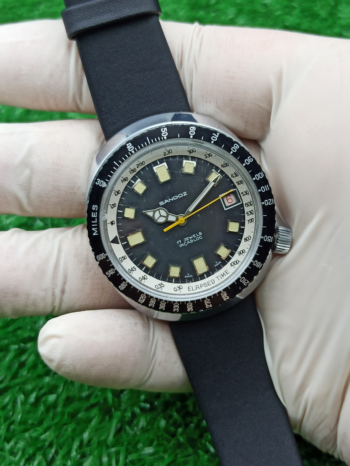 HYPER-RARE SANDOZ JUMBO DIVER BLACK WATCH MECHANICAL SWISS 1970s