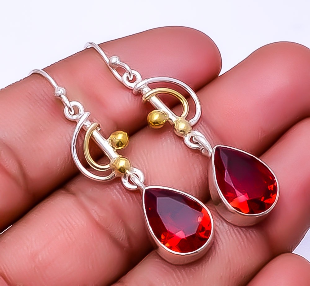 Red Garnet Gemstone 925 Sterling Silver Two Tone Earrin 1.95″ E_9322_106_36