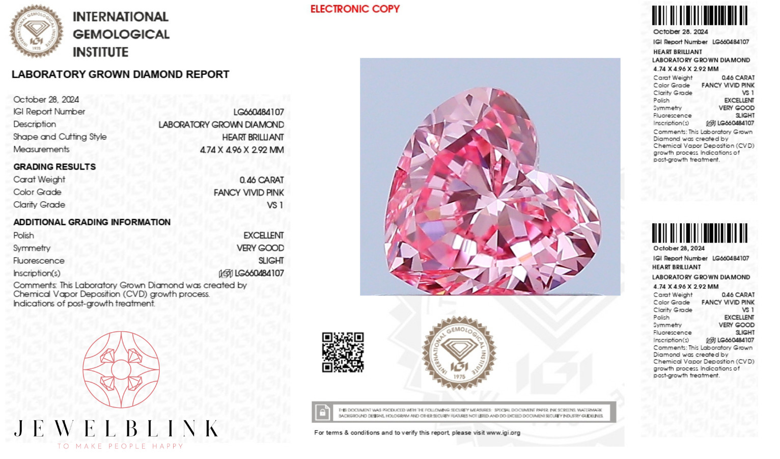 IGI Certified 0.46 Carat Fancy Vivid Pink VS1 Heart Cut CVD Lab Grown Diamond