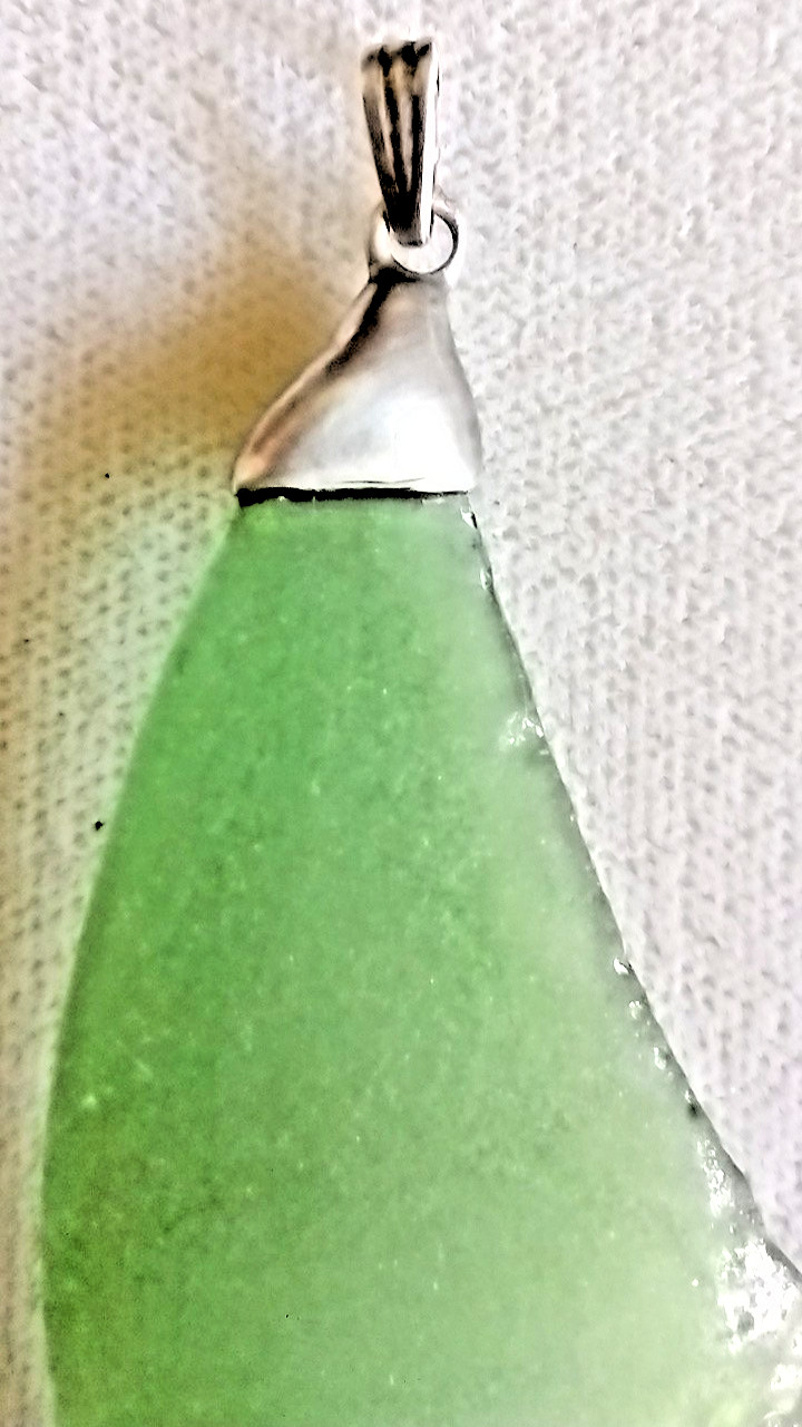 Vintage 1970s Large Sterling Silver Green Sea Beach Glass Boho Pendant 2-1/4″
