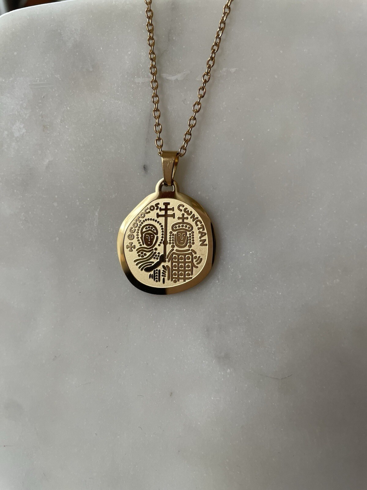 18K Gold Plated SS 1” IC XC NI KA Orthodox Greek Cross Coin Men’s Necklace