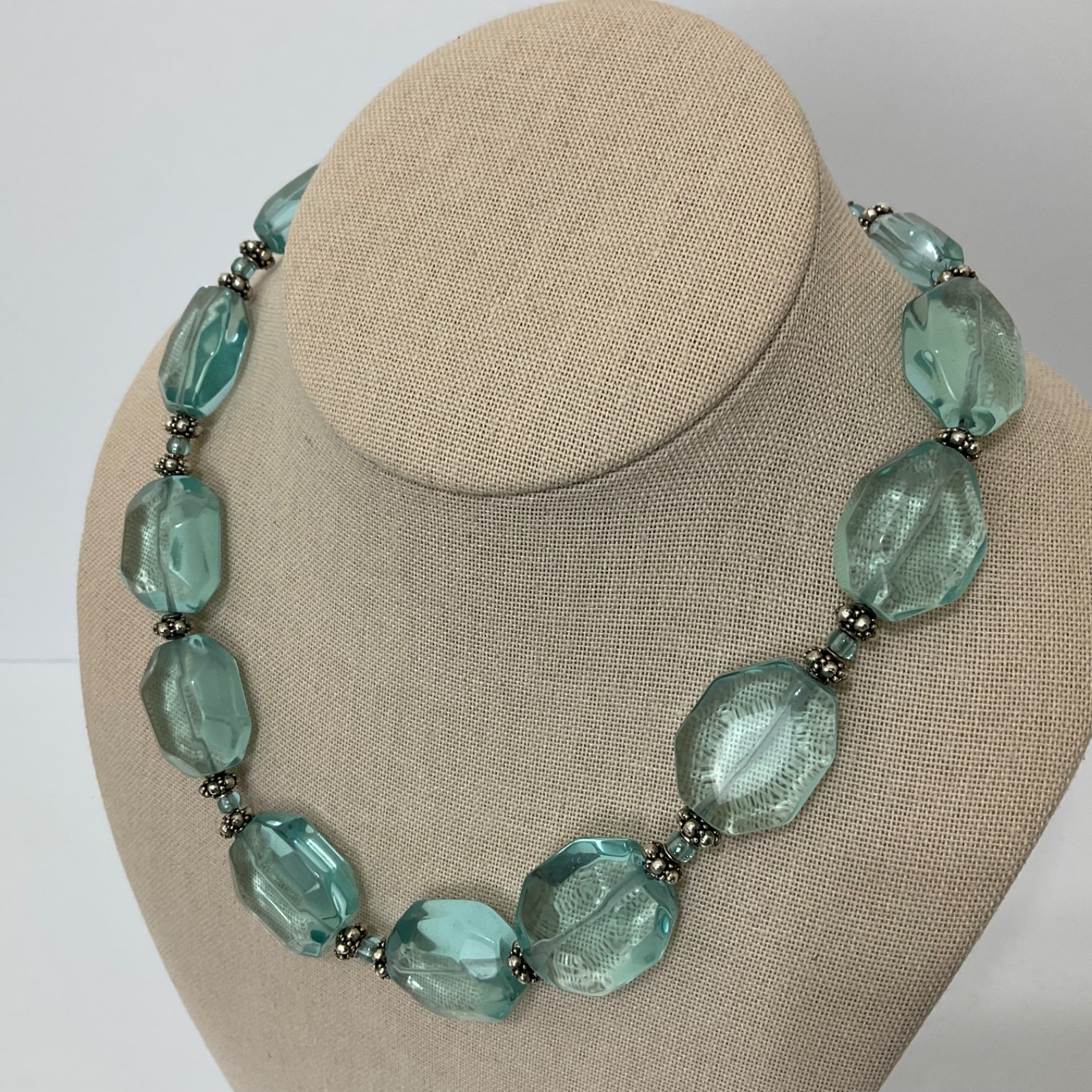 Vtg Aquamarine Glass Faceted Nuggets & Sterling Silver Beaded Necklace Adjusts