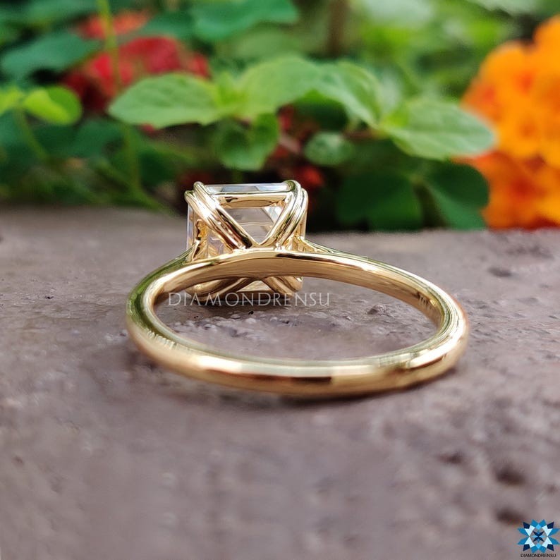 Asscher Cut Moissanite Double Claw Prong 14K Gold Solitaire Engagement Ring