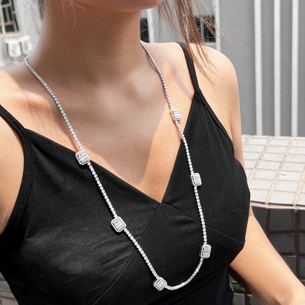 82cm Silver Plated Baguette Cubic Zirconia Long Sweeter Necklace Women Jewelry