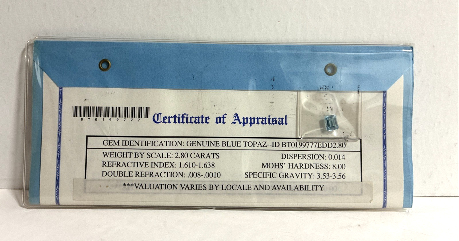 Genuine Blue Topaz 2.80 Carats w Certificate of Appraisal Included