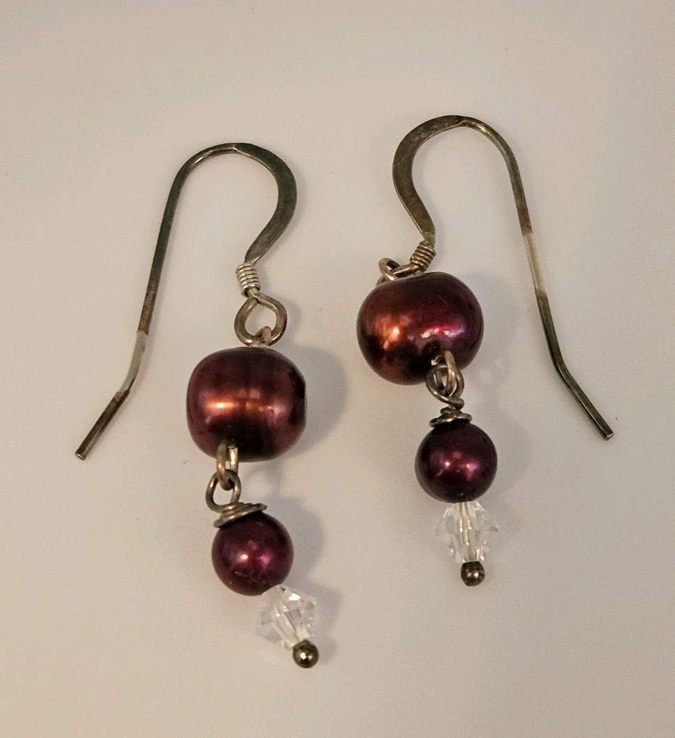 Burgundy Red Pearl Crystal Bead Sterling Silver 925 NECKLACE & EARRINGS