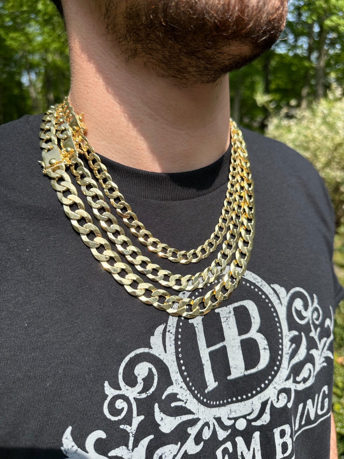 Flat Curb Cuban Link Chain Necklace Real 14k Gold Plated 925 Silver Box Clasp