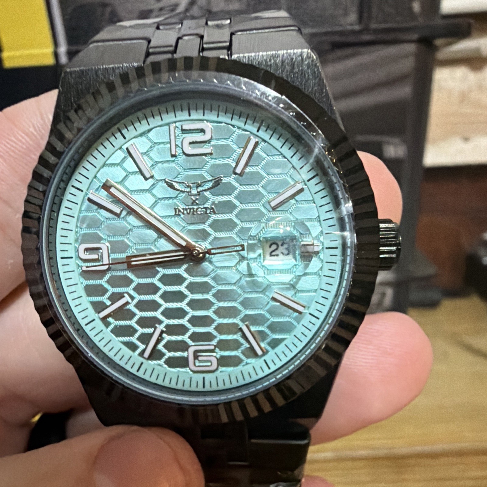 Invicta Men’sBlack Stainless Steel Bracelet Watch Blue Textured Dial Date Box