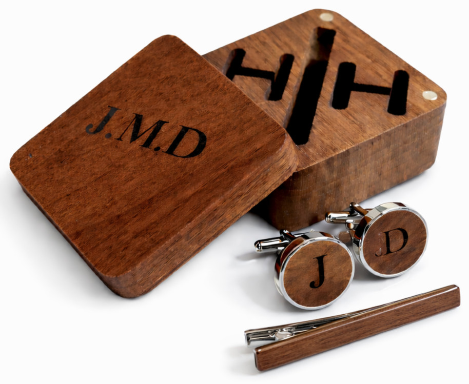 Personalized Wooden Cufflinks & Tie Bar Set – Custom Monogram Gift for Men