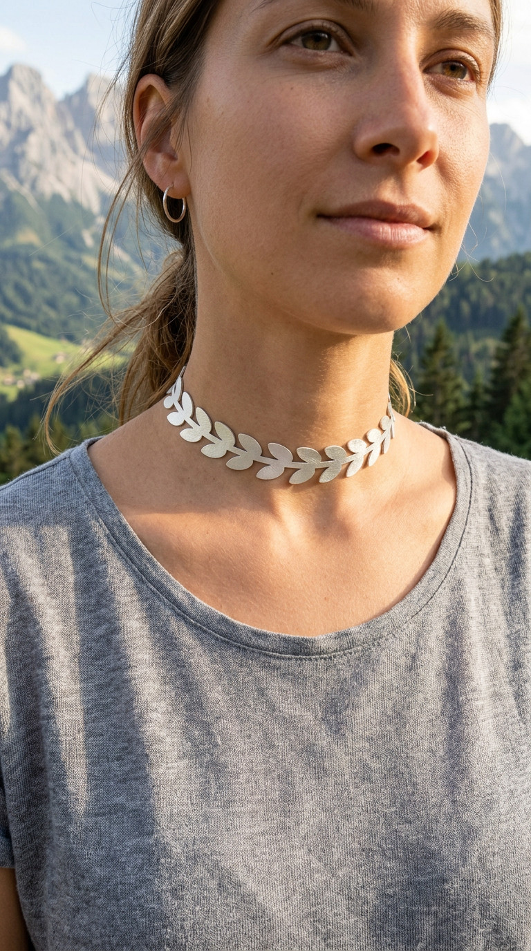 Women Fashion Jewelry Choker Necklace Metallic Silver Faux Leather Leaf Fabric