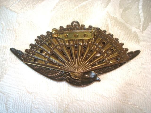 Victorian Revival Assemblage Fan Brooch With Bird Hand Heart Flowers KJ