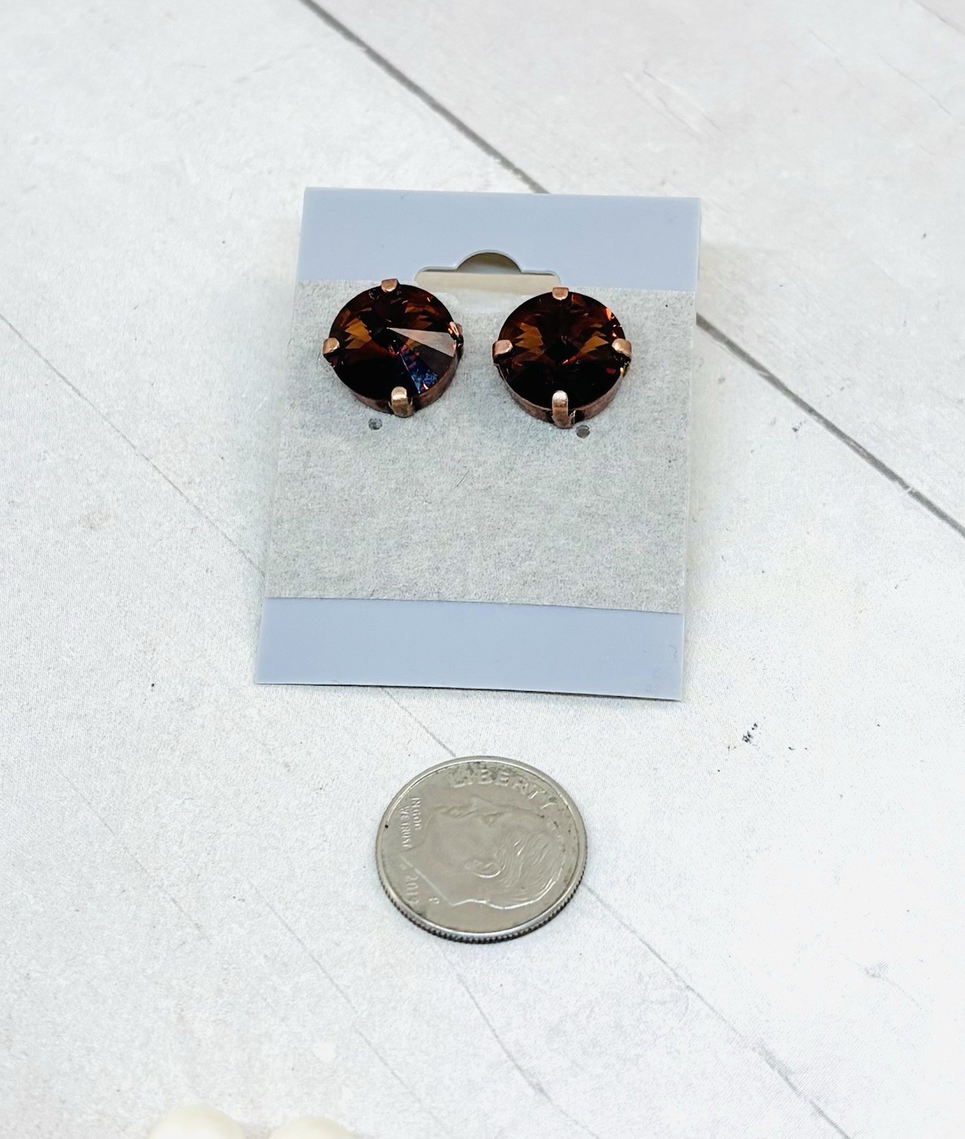 12mm Antique Copper Chocolate Brown Cup Chain Stud Earrings, Smoked Topaz Stones