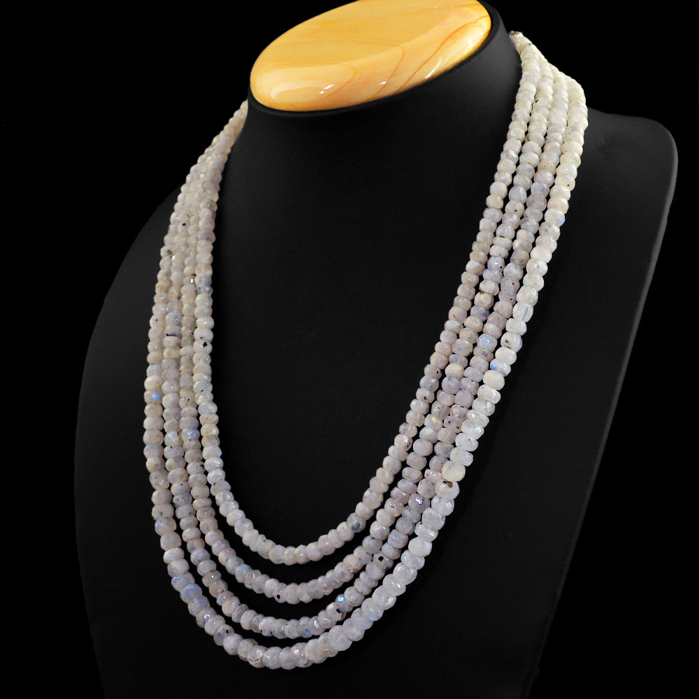 448.50 Cts Earth Mined 4 Line Blue Flash Moonstone Round Beads Necklace (RS)