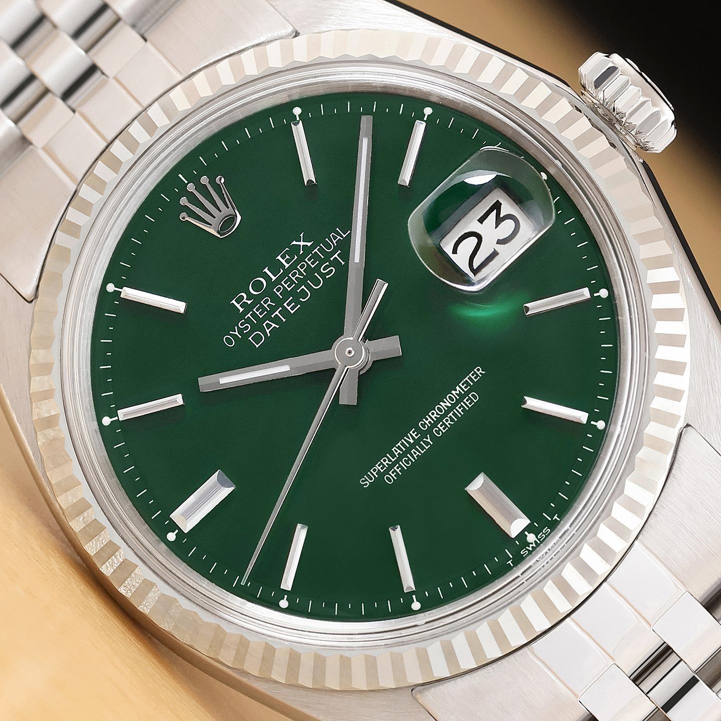 ROLEX MENS DATEJUST GREEN DIAL 18K WHITE GOLD STEEL WATCH w/ JUBILEE BRACELET