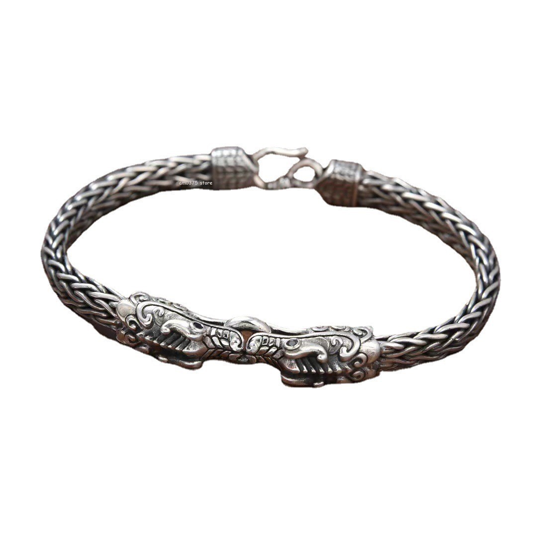 Real Sterling Silver 925 Metal Purity Bracelet Men 6mm Double Dragon Head Link